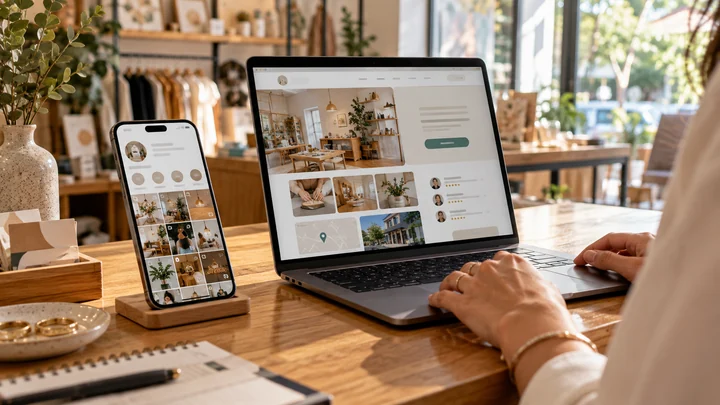 Celular e notebook comparando rede social e site profissional
