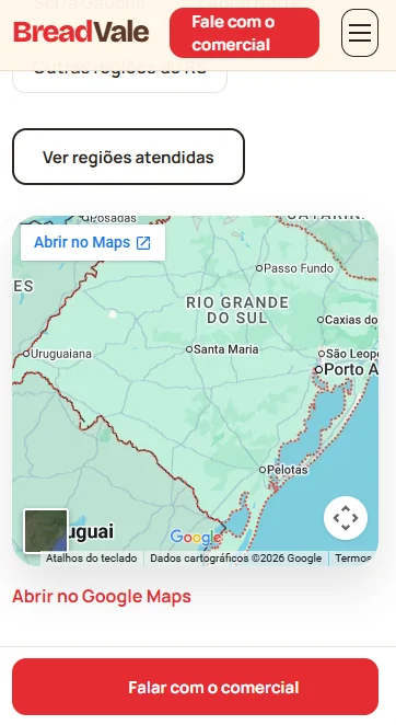 Versão mobile do projeto BreadVale com mapa de regiões atendidas