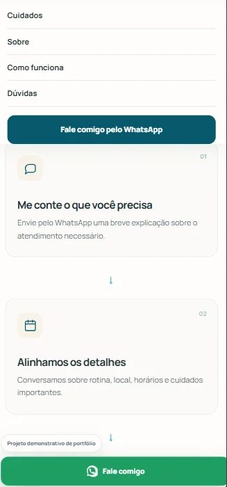 Versão mobile do projeto Cuidados & Enfermagem com etapas de contato