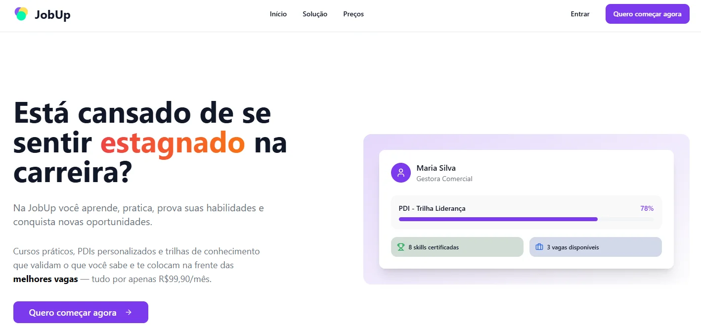 Tela inicial da plataforma JobUp