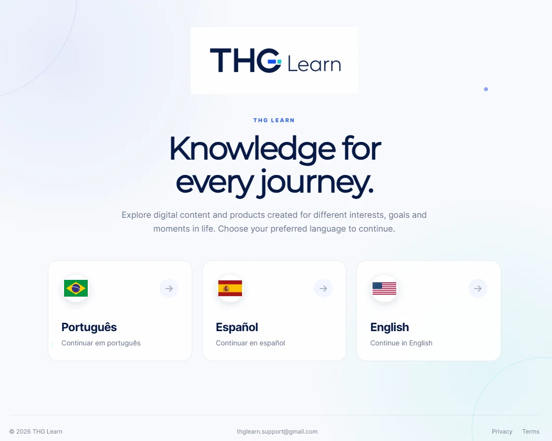 Tela inicial do THG Learn com seleção de idioma